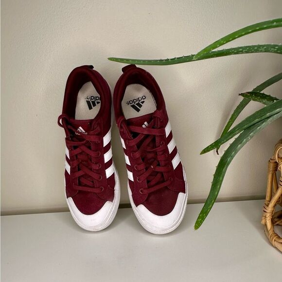 Adidas Burgundy White Canvas Sneakers Unisex Low-Top Trainers 3-Stripe Style 8.5 - Picture 3 of 10